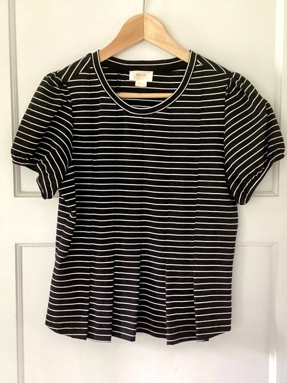 Anthropologie Maeve Corset Peplum Top Striped Nautical Size S BLACK Puff Sleeves